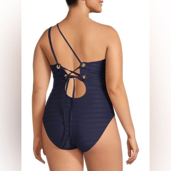 La Blanca Linea Costa Navy Blue One Shoulder One Piece Plus Size Swimsuit 22W - Picture 2 of 6